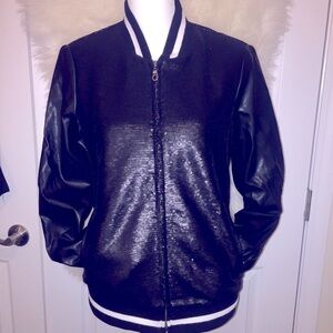 ⚔️Mural⚔️Jacket⚔️NWOT Black Sequin & Leather Sleeves